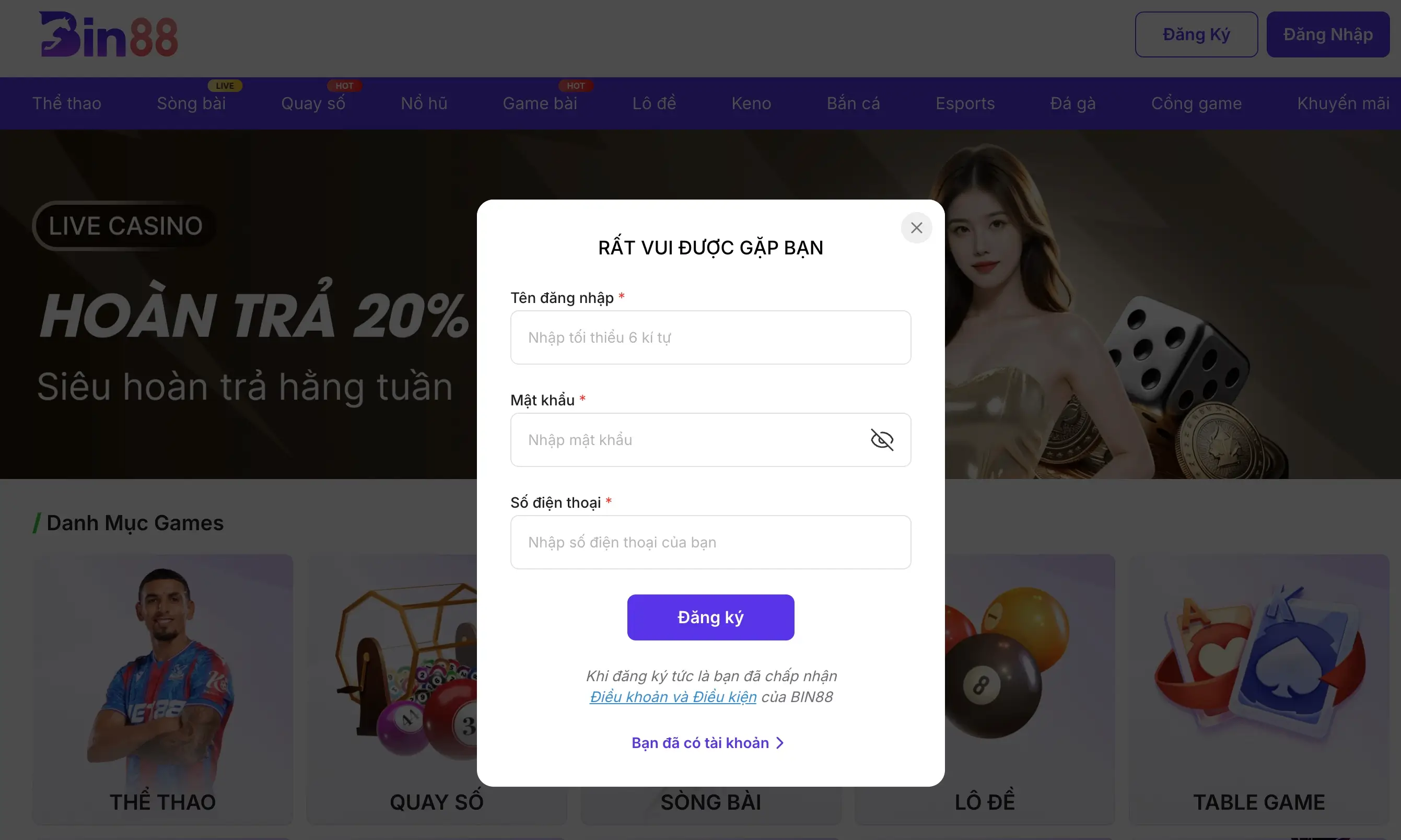 Các bước đăng ký tài khoản Bin88